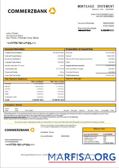 Blank Belize Commerzbank bank mortgage statement scr sample